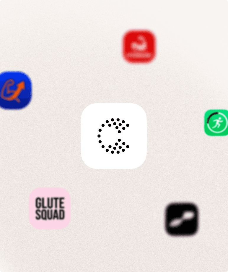 A white app icon carrying the coach's own mark, ringed by five other coaches' app icons in their own colours, one of them reading Glute Squad.