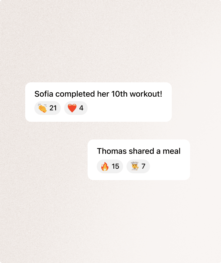 Zwei Feed-Meldungen: Sofia hat ihr 10. Workout abgeschlossen, mit 21 Mal Applaus und 4 Herzen, und Thomas hat eine Mahlzeit geteilt, mit 15 und 7 Reaktionen.