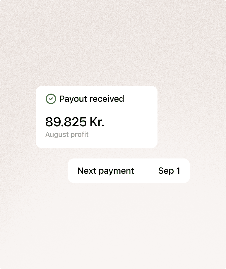 Eine Meldung über eine erhaltene Auszahlung von 89.825 Kr. Gewinn aus dem August, darunter eine Zeile mit der nächsten Zahlung am 1. September.