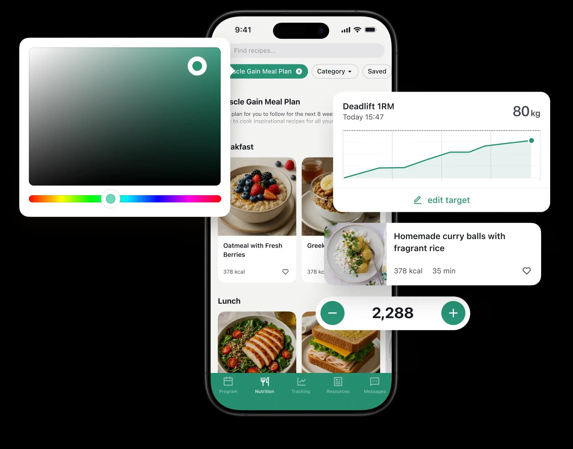 Anpassbare App-Oberfläche mit Ernährungsplänen, Workout-Tracking und Farbschema-Einstellungen für ein personalisiertes Coaching-Erlebnis.