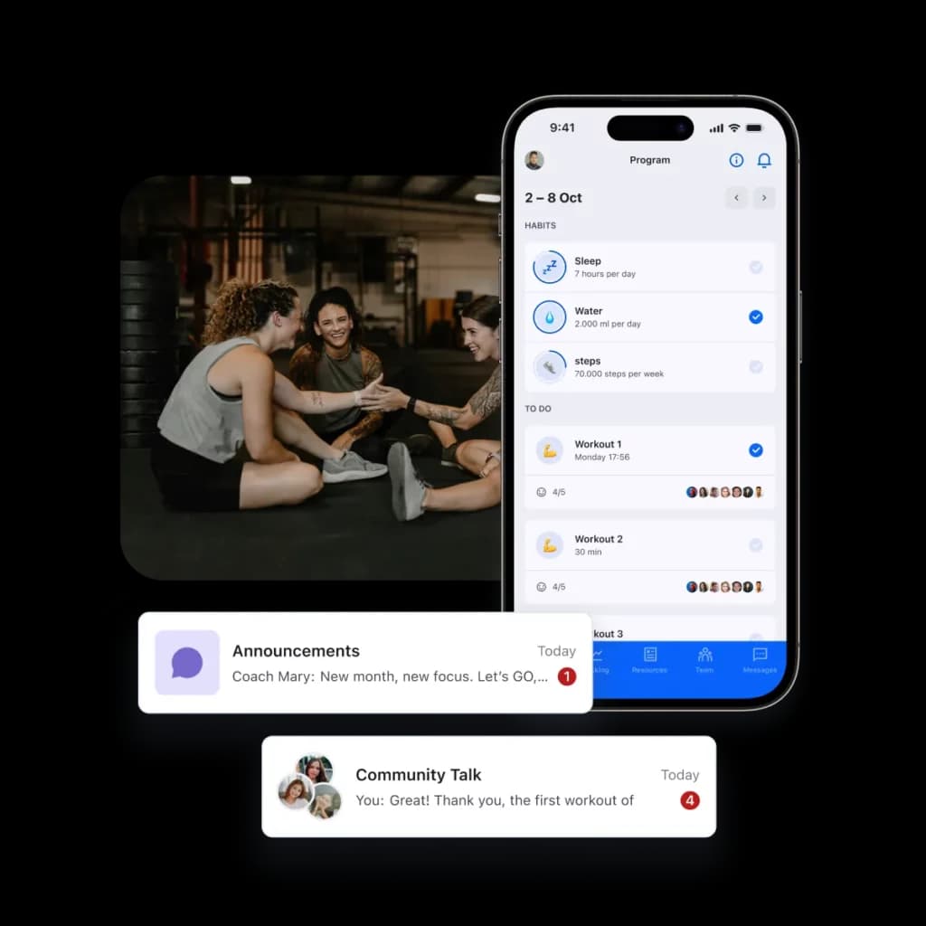 Visual of a mobile and tablet displaying a group training program and active client interactions, showcasing seamless communication and engagement in a collaborative training setting.