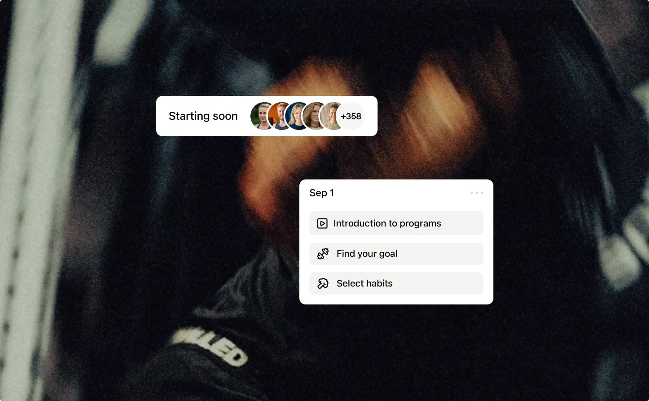 A blurred training scene, with a cohort of 358 clients shown as starting soon above a September 1 task list of an introduction, a goal and habits