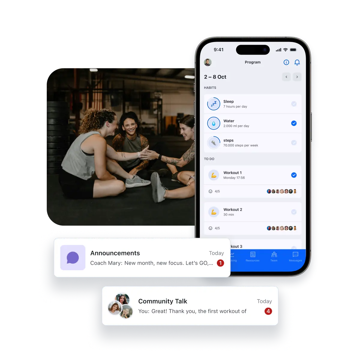 Visual of a mobile and tablet displaying a group training program and active client interactions, showcasing seamless communication and engagement in a collaborative training setting.