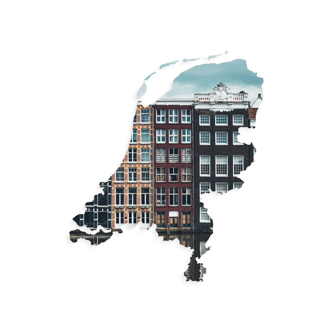 Aerial view of the Netherlands featuring Amsterdam's iconic houses next to the canals in the background showcasing the CoCoach presence in the Netherlands.