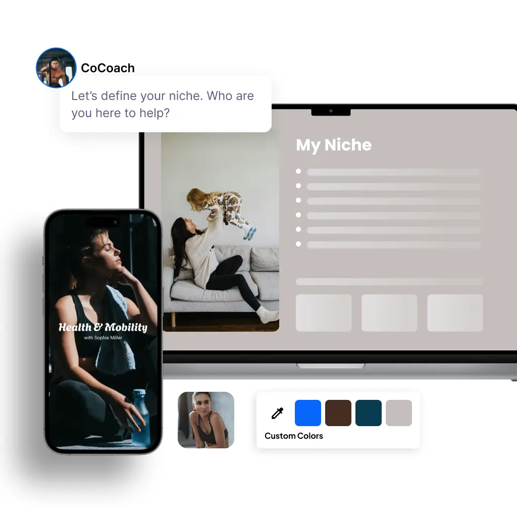 A digital mockup showcasing the CoCoach platform. A smartphone displays a fitness coaching app titled 'Health & Mobility with Sophie Miller.' A laptop screen in the background features a coaching dashboard with the heading 'My Niche' and a blurred list of bullet points. A chat bubble from CoCoach asks, 'Let’s define your niche. Who are you here to help?' Below, a custom color selection tool and a profile image of a fitness coach are visible, emphasizing branding customization.
