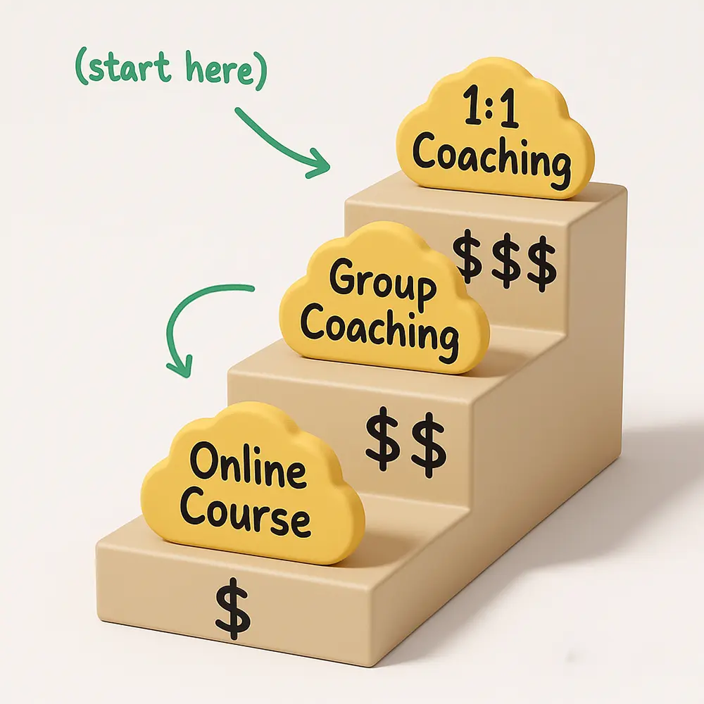 Illustration showing the progression from 1:1 coaching to group coaching and then to an online course. The diagram is structured like a staircase, with 1:1 coaching at the top, followed by group coaching in the middle, and online courses at the bottom. Dollar signs next to each step indicate decreasing individual price points as the coaching model scales. Green arrows guide the viewer through the natural progression of coaching services. The words "Start here" in green highlight 1:1 coaching as the recommended starting point.