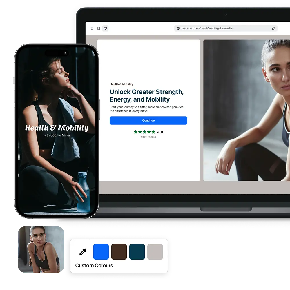 Visualisation of a custom coaching website and mobile app created with CoCoach, featuring a fitness program interface, client progress tracking, and branded visuals — showing how coaches can launch their own app and website in minutes to grow their business, engage clients, and deliver programs seamlessly.
