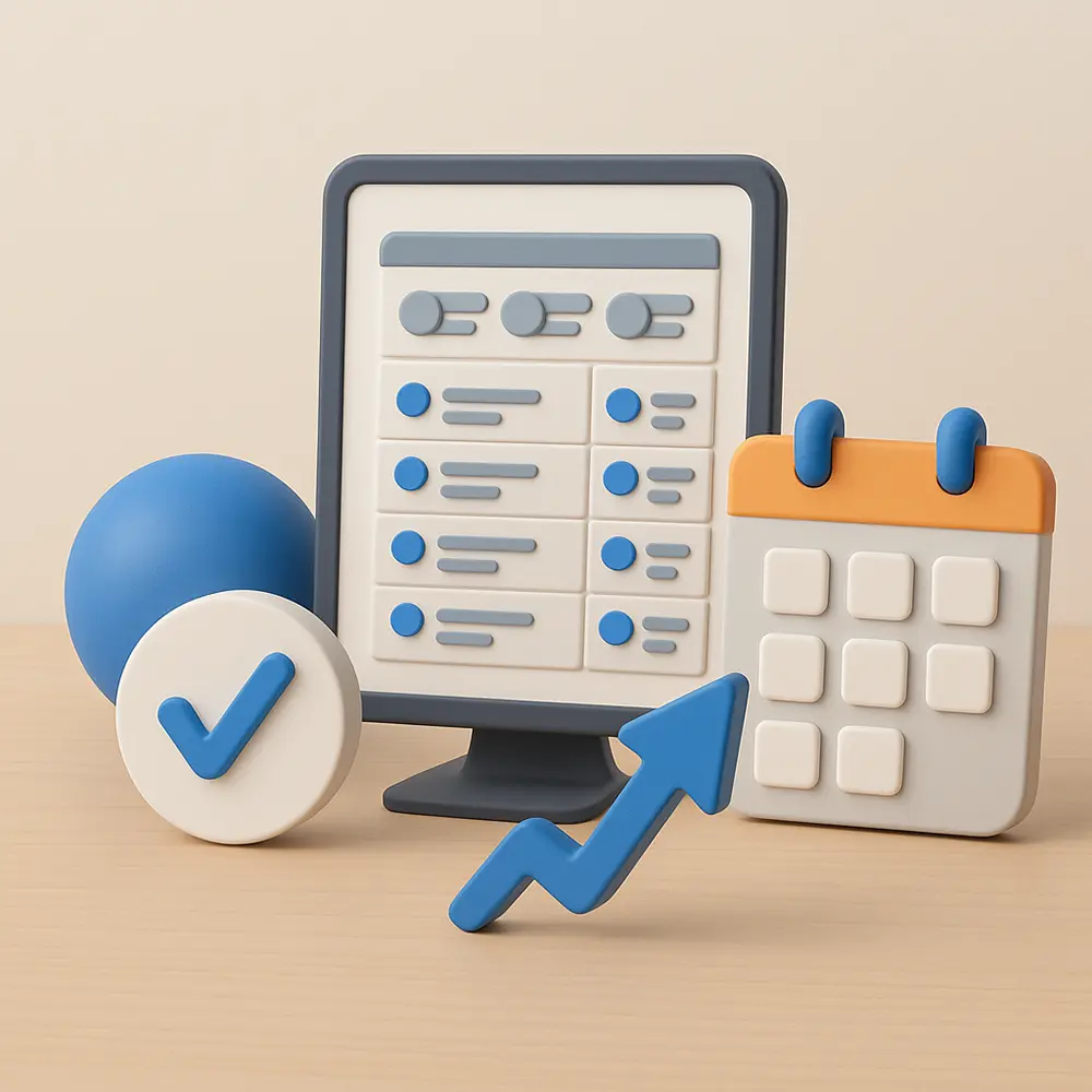 A conceptual 3D illustration of the best online fitness coaching platform featuring abstract icons of coach productivity and growth, including a monitor with a task interface, a calendar, a checkmark, a sphere, and an upward arrow, all arranged on a wooden surface with a soft neutral background.