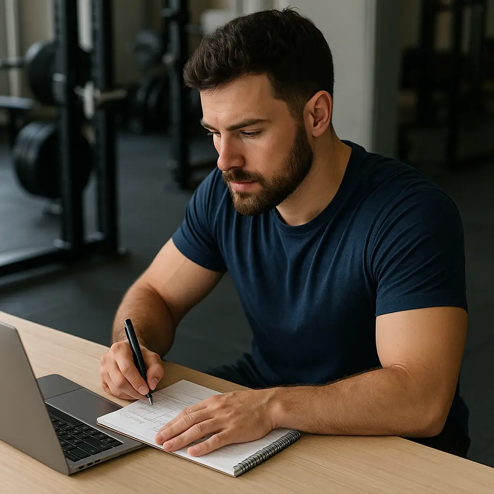 A fitness coach sitting at a gym desk writing in a notebook next to a laptop, creating a workout plan, with gym equipment visible in the background.
