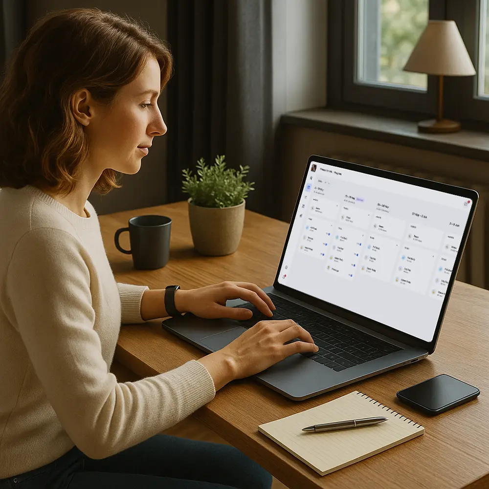 A woman works from her home office, using a laptop that displays a digital weekly fitness coaching program with tasks like "Full Body," "Leg Day," and "Steps." The setting is warm and organized, with a notebook, phone, mug, and plant on the desk near a bright window.