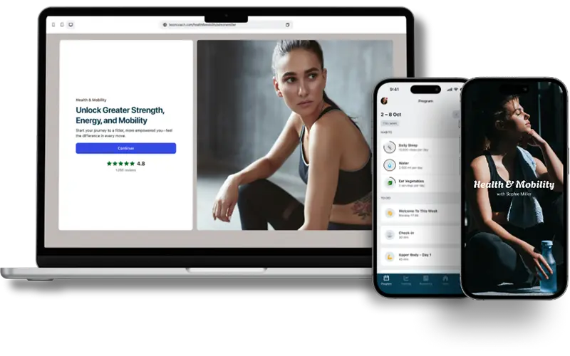 Visualisation of a custom coaching website and mobile app created with CoCoach, featuring a fitness program interface, client progress tracking, and branded visuals — showing how coaches can launch their own app and website in minutes to grow their business, engage clients, and deliver programs seamlessly.
