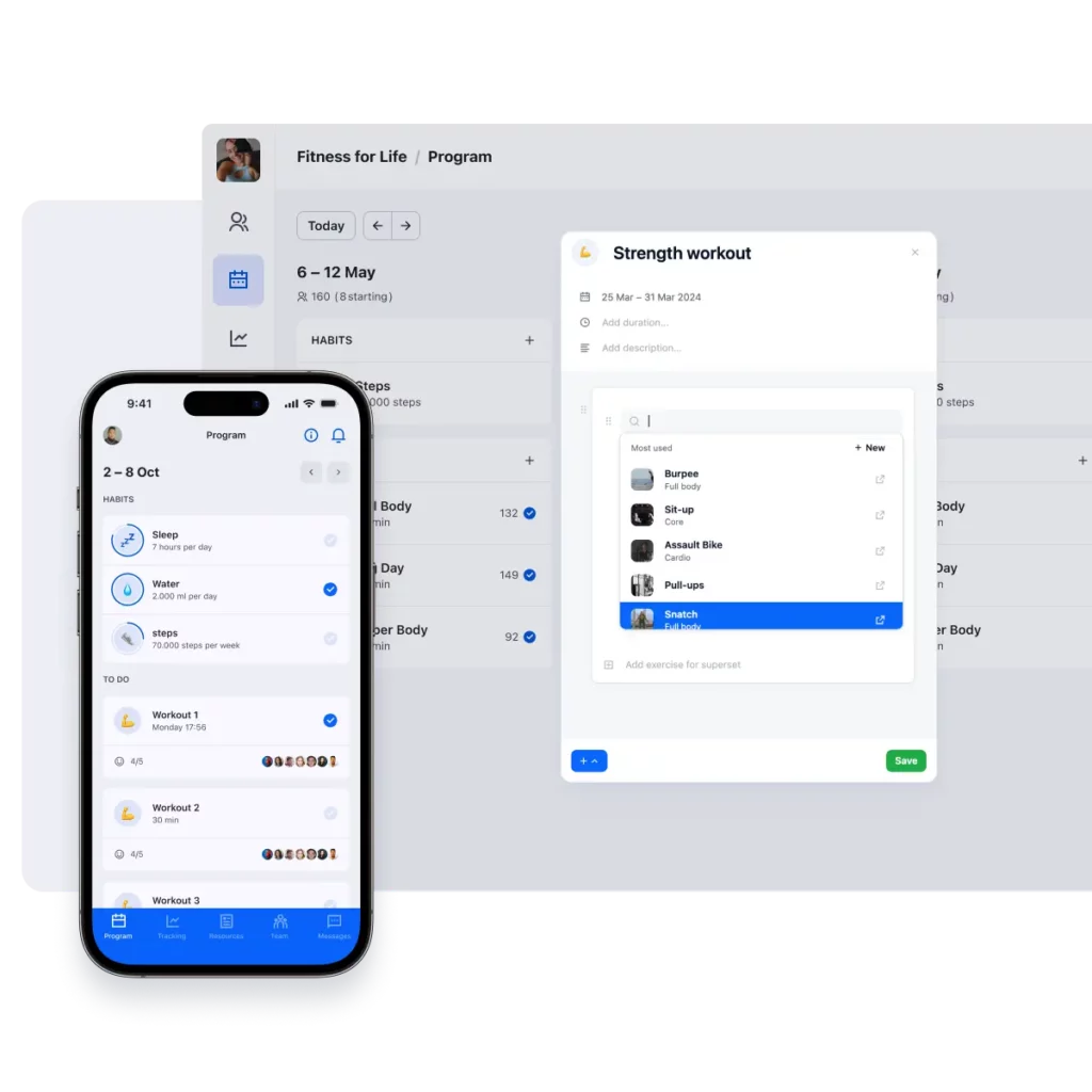 Workout programming tools on mobile and desktop – designing effective, client-retaining training plans.