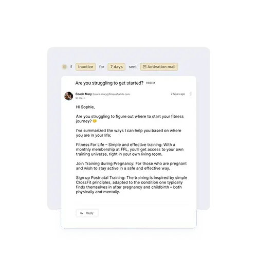 Email automation showing a trigger for sending an automated activation email to new clients, streamlining communication for fitness coaches.