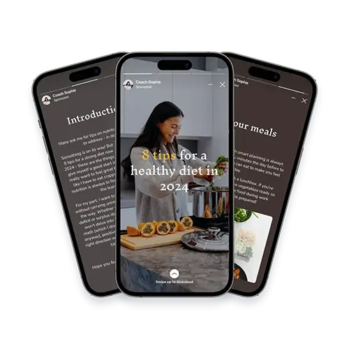 Three mobile phones showing a lead magnet with a coach preparing food and a text with 8 tips for a healthy diet