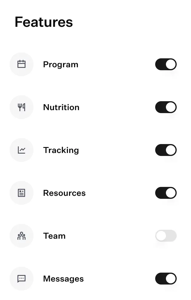 Customisable client app settings screen showing toggle options to enable or disable features like programs, nutrition, tracking, and messaging.