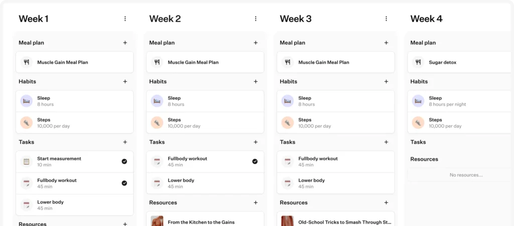 Weekly coaching program overview showing structured meal plans, habits, workouts, and resources designed to track client progress and deliver results.