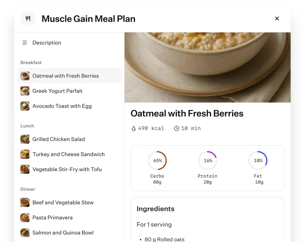 Meal plan builder interface showing detailed nutrition breakdown for oatmeal with fresh berries, including calories, macros, and preparation time.