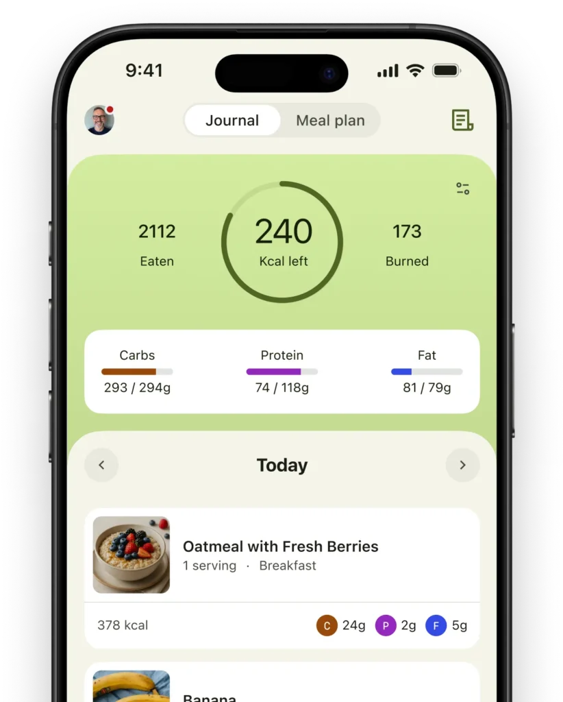 Nutrition journal dashboard showing calories eaten, burned, and remaining, with detailed breakdown of carbs, protein, and fat for daily meals.