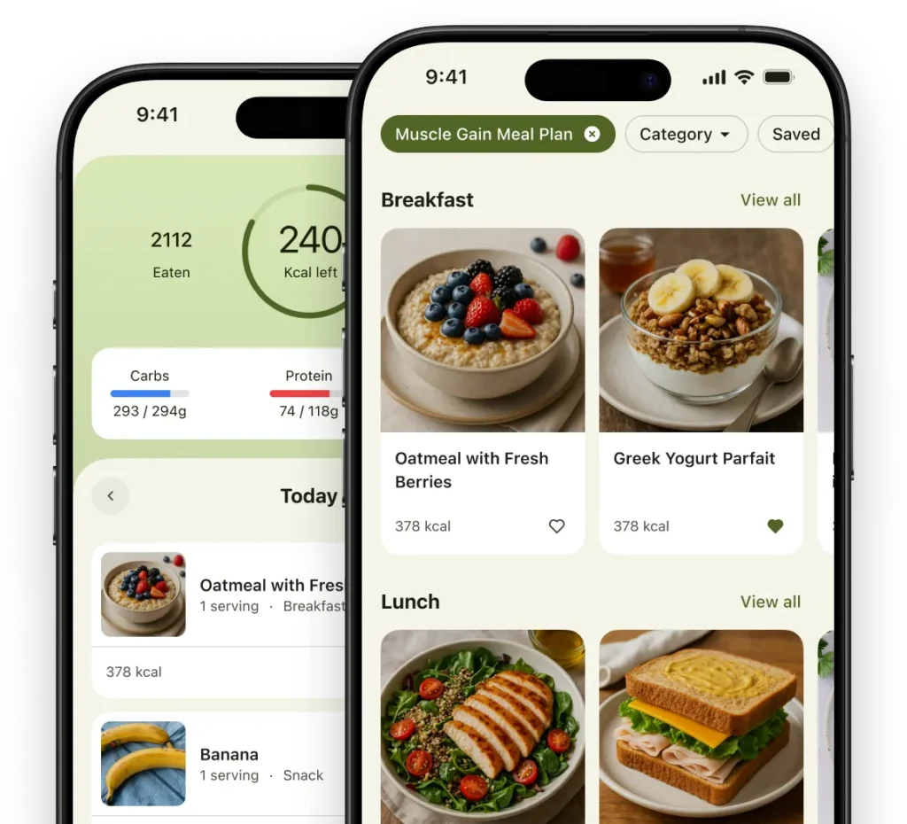 Mobile app screens showing a personalised meal plan and nutrition tracker with calorie breakdown and healthy meal options like oatmeal and chicken salad.
