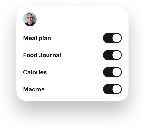 Client profile settings showing toggles to personalise the program by enabling or disabling meal plan, food journal, calories, and macros tracking.