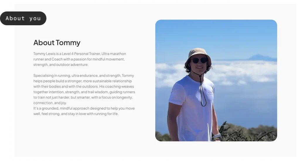 About section describing coach Tommy Lewis with a photo of him smiling outdoors in a hat and sunglasses against a scenic background.