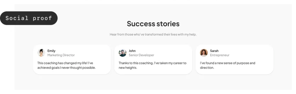 Website section titled ‘Success stories’ displaying client testimonials with names, roles, and feedback about their coaching experience.