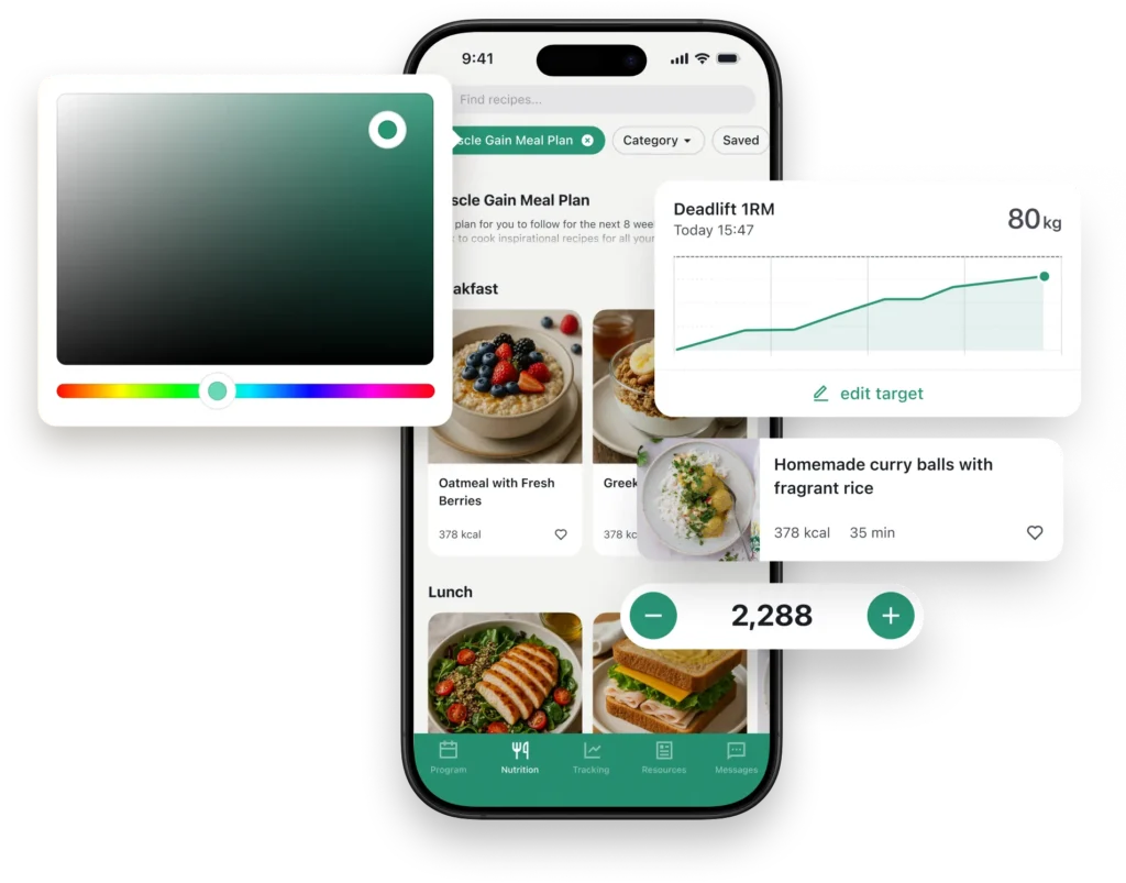 Customisable app interface showing nutrition plans, workout tracking, and colour theme adjustments for a personalised coaching experience.