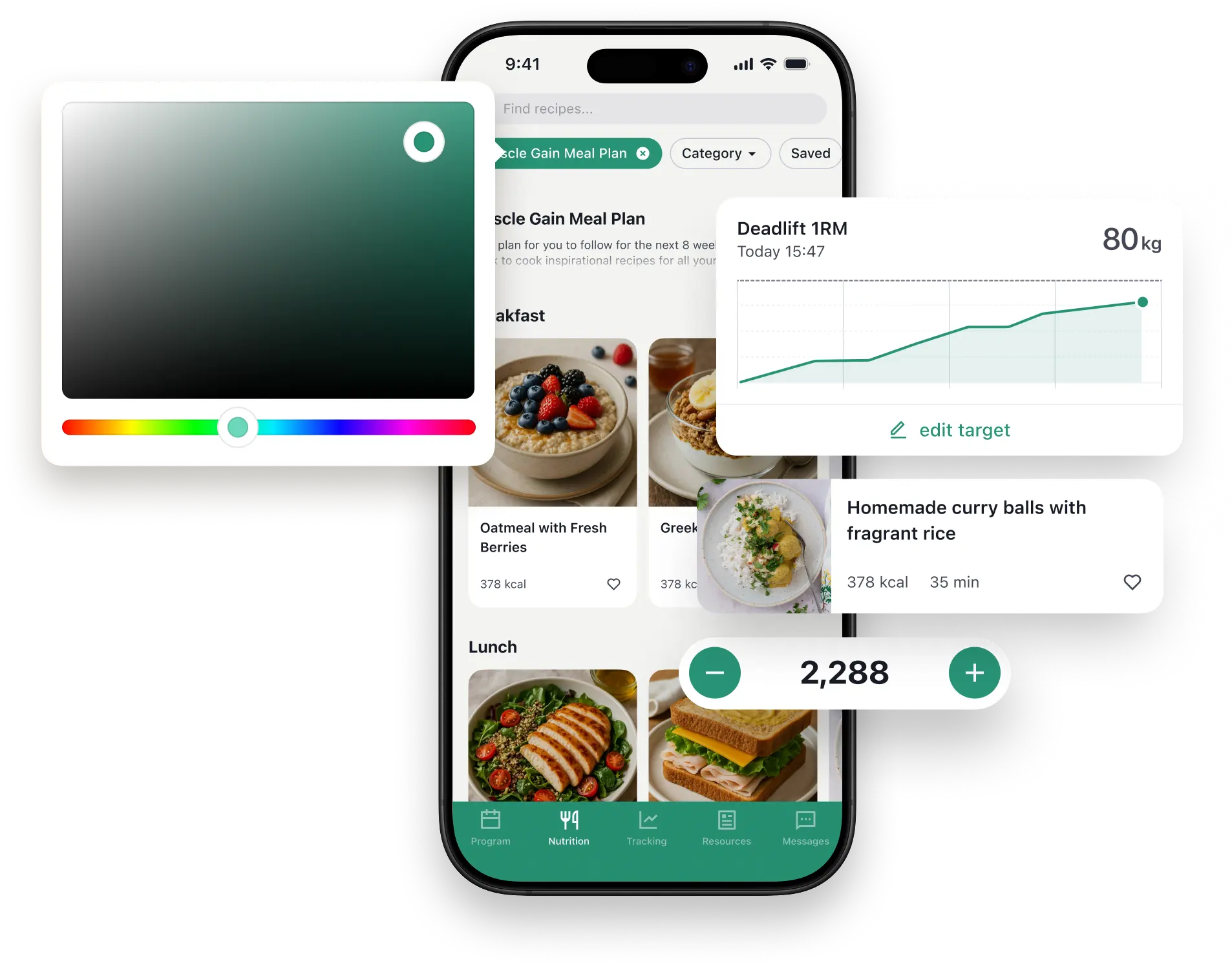 Customisable app interface showing nutrition plans, workout tracking, and colour theme adjustments for a personalised coaching experience.