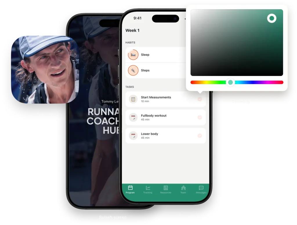 Customisable coaching app showing personalised app icon, splash screen, and theming options for a branded client experience.