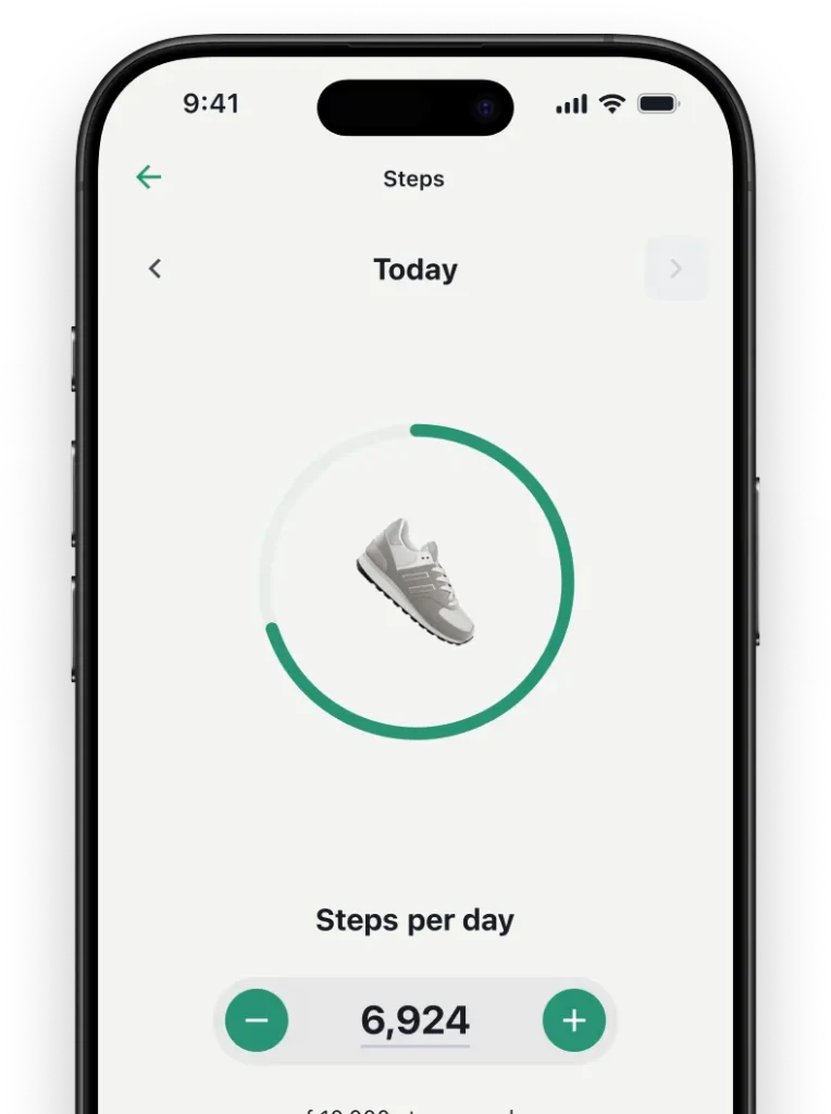Mobile app screen showing daily habit tracking with step count progress for fitness clients.