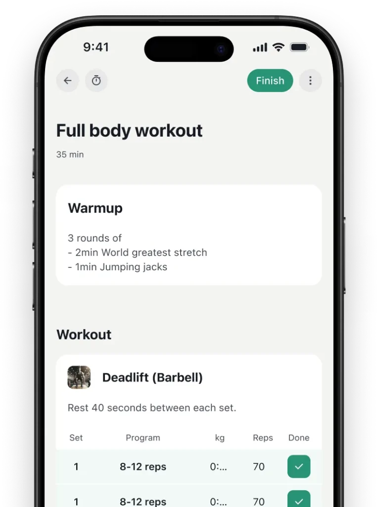 Mobile app screen displaying a full body workout plan with warm-up instructions, barbell deadlifts, and exercise tracking.