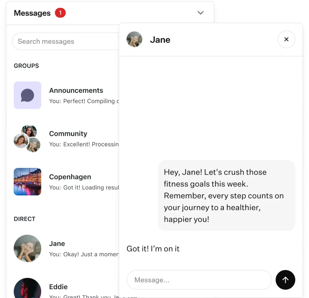 In-app messaging interface showing a coach chatting with a client about fitness goals.