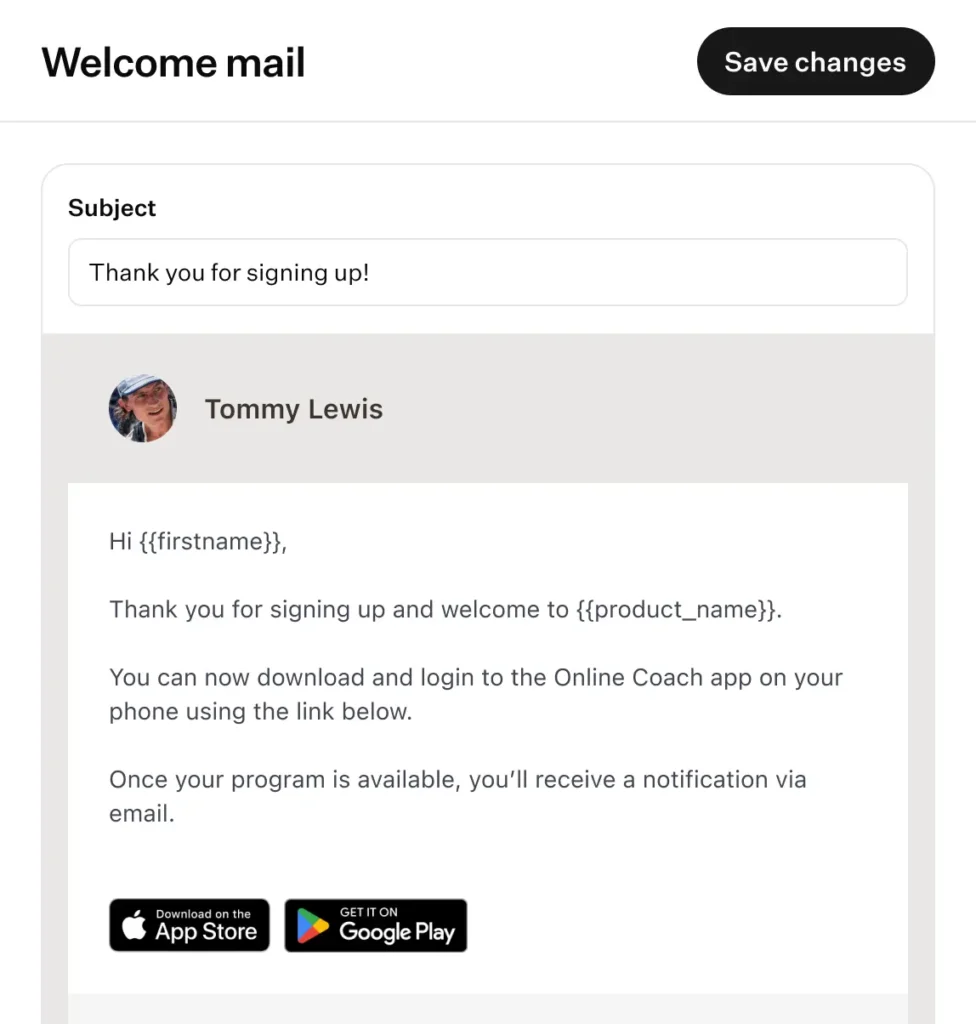 Email automation interface showing a pre-built welcome email template for coaches to onboard new clients.