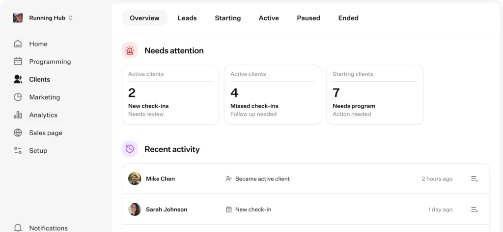 Client management dashboard showing check-ins, activity, and progress tracking tools built for coaches.