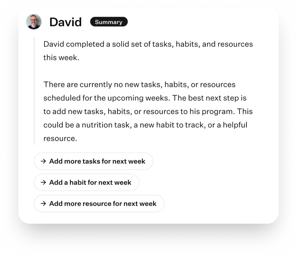 Client summary interface showing completed habits, tasks, and recommendations for next week’s coaching plan.