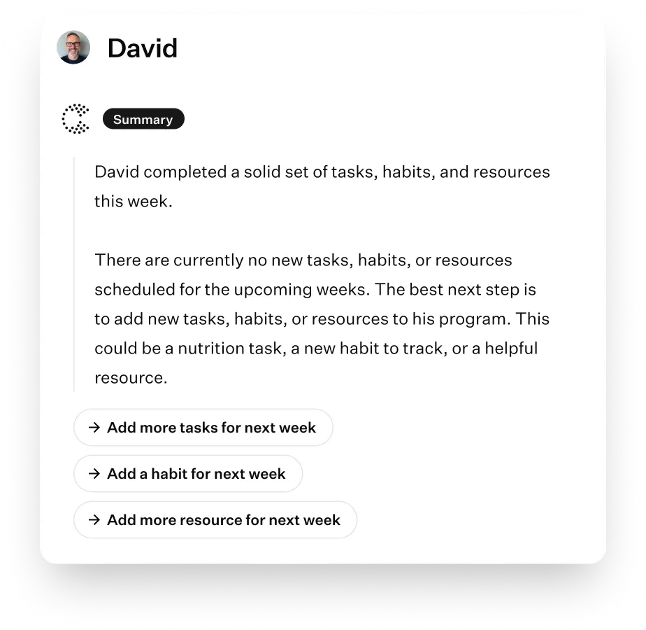 Client summary dashboard showing completed tasks, habits, and resources with suggestions to add new goals for the next week.