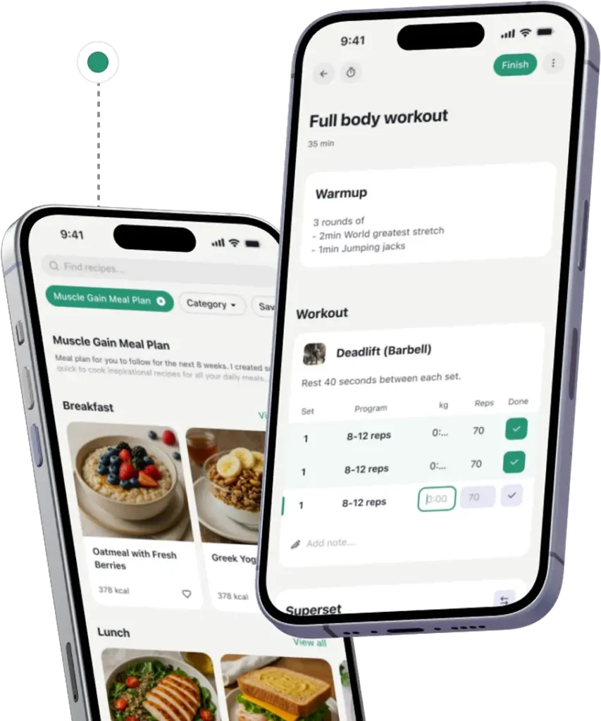 CoCoach mobile app showing a full-body workout and muscle gain meal plan for fitness coaches and their clients.