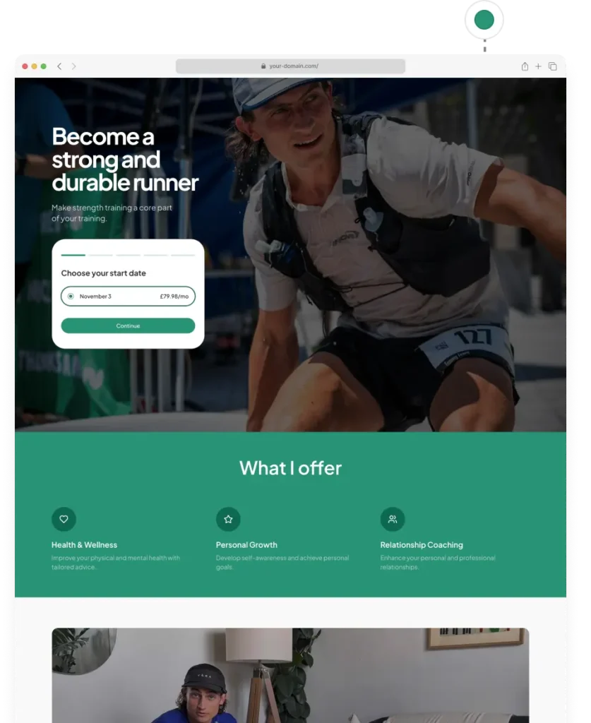 Custom fitness coach website built with CoCoach, showcasing a running coach helping athletes improve strength, health, and personal growth.