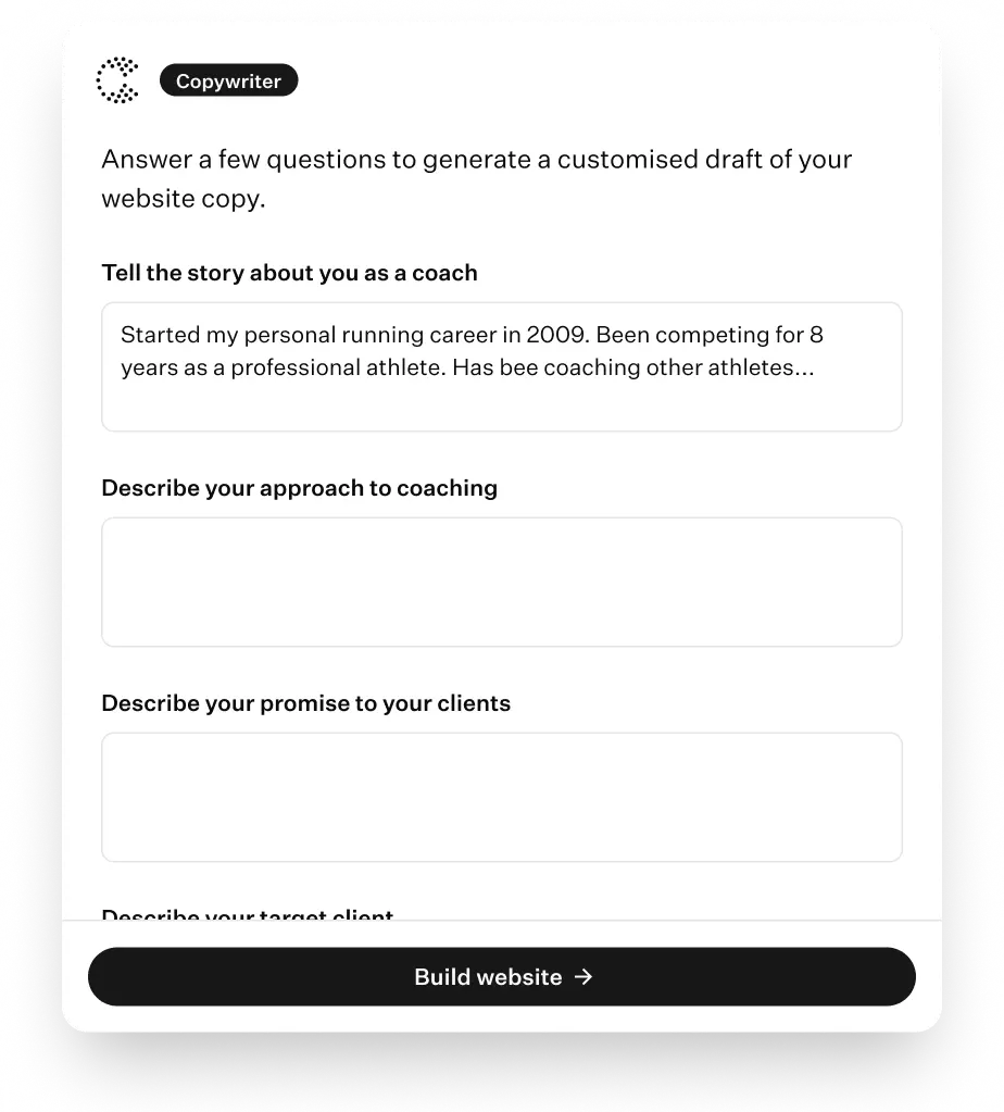 AI copywriter interface asking coaching-related questions to automatically generate personalised website copy for a coach.