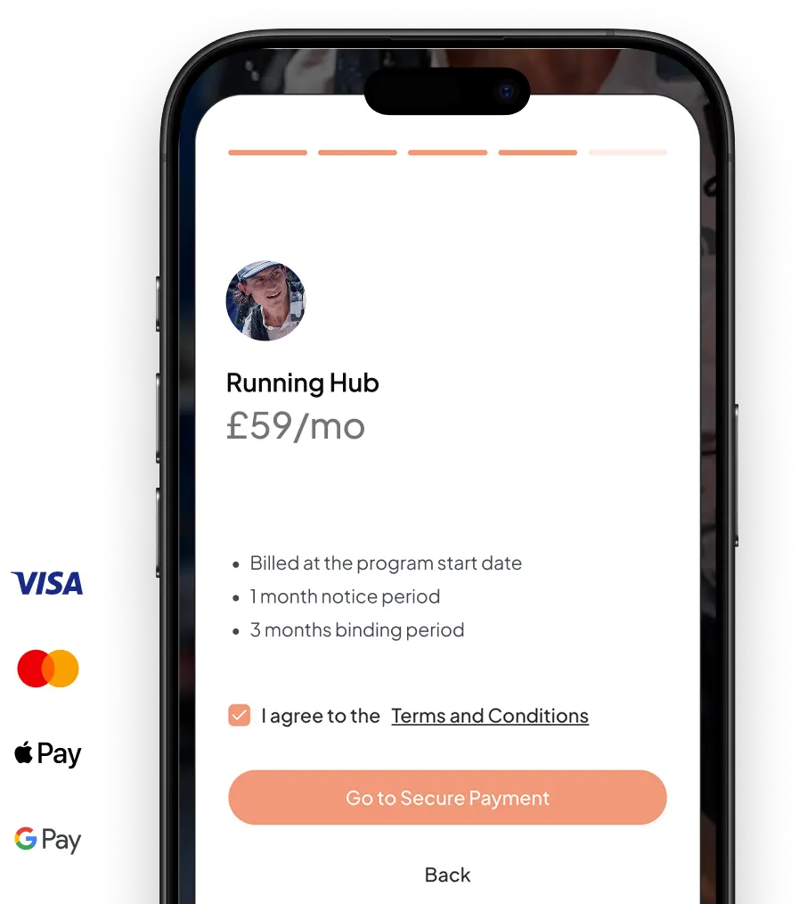 Mobile payment checkout screen showing a £59 per month coaching subscription with secure payment options via Visa, Mastercard, Apple Pay, and Google Pay.