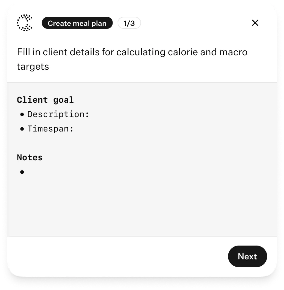 Meal plan AI creation interface for setting client goals, calorie targets, and nutrition details.