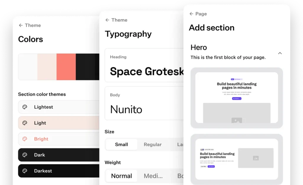 Website builder interface showing colour palettes, typography settings, and layout options for creating a personalised coaching website design.