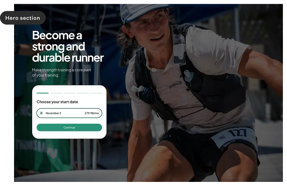 Hero section of a coaching website featuring a strong and durable runner with a call-to-action to select a start date and pricing.