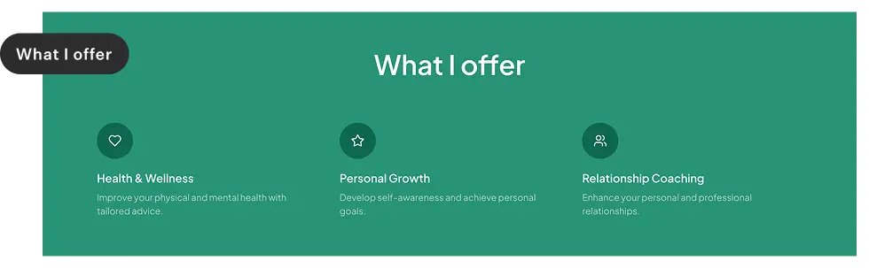 Website section titled ‘What I offer’ showcasing coaching categories for health and wellness, personal growth, and relationship coaching.