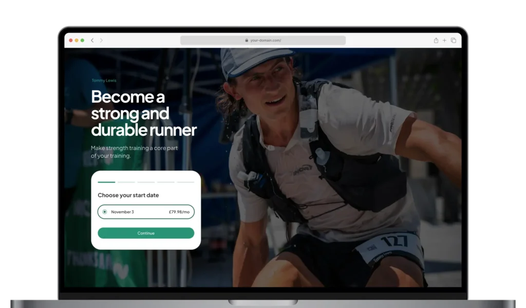 Personalised coach website showing a training program offer with start date selection and pricing, designed to convert visitors into paying clients.