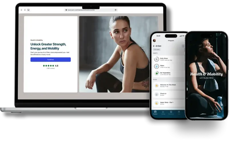 Visualisation of a custom coaching website and mobile app created with CoCoach, featuring a fitness program interface, client progress tracking, and branded visuals — showing how coaches can launch their own app and website in minutes to grow their business, engage clients, and deliver programs seamlessly.
